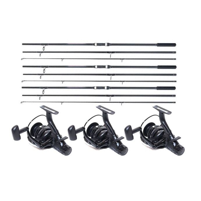 Set 3 Lansete, Baracuda, Master Carp, 3.90 metri, din 3 tronsoane, echipate cu 3 Mulinete, Eastshark, HK5000, baitrunner, 11 rulmenti