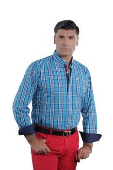 Camasa slim fit caro, barbati, BAROTTI, Turcoaz Camasa slim fit caro, barbati, BAROTTI, Turcoaz