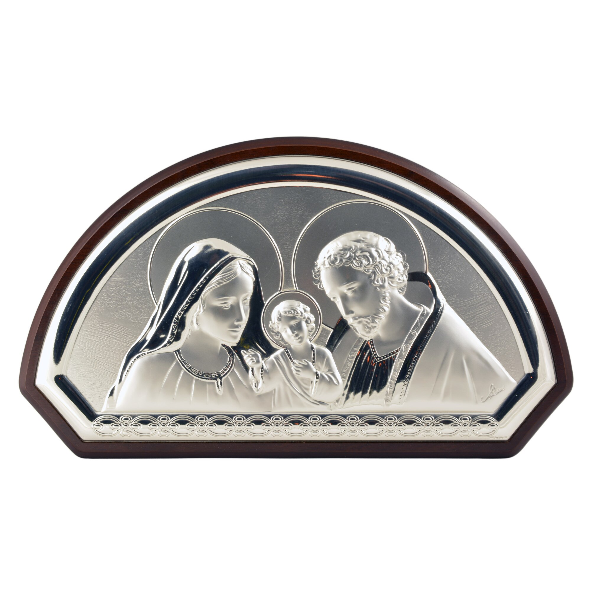 Icoana placata cu argint - Sfanta Familie - Finisaj lemn alun, semiluna, 10*6 cm, 1/4