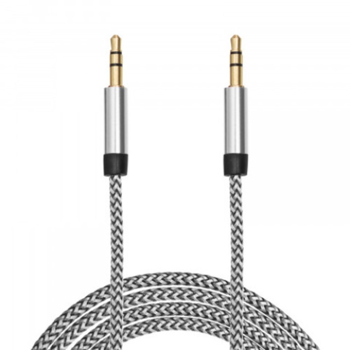 Качествен AUX кабел за данни, оборудван с 3,5 мм жак в двата края, текстилно покритие, дължина 1 м, бял цвят