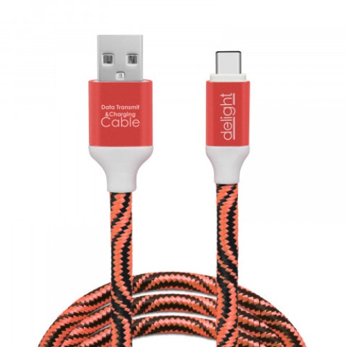 Cablu pentru incarcare si transfer de date USB Type-C Delight, invelis textil, lungime 1m, curent maxim 2.1A, rosu