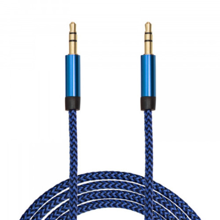 AUX кабел за данни, 3.5 мм жак в двата края, Силиконово покритие, 1 м, Син