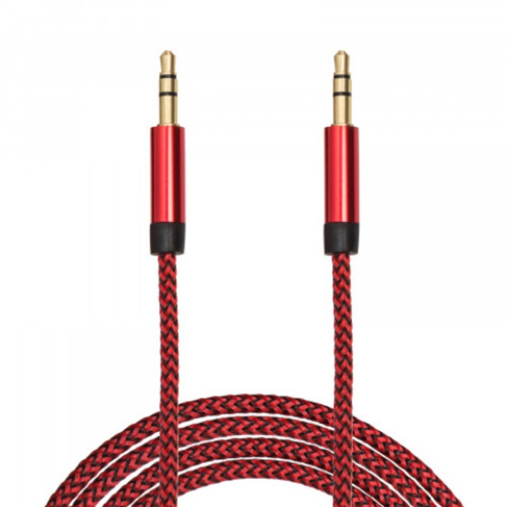 Качествен AUX кабел за данни, оборудван с 3,5 мм жак в двата края, текстилно покритие, дължина 1 м, червен цвят