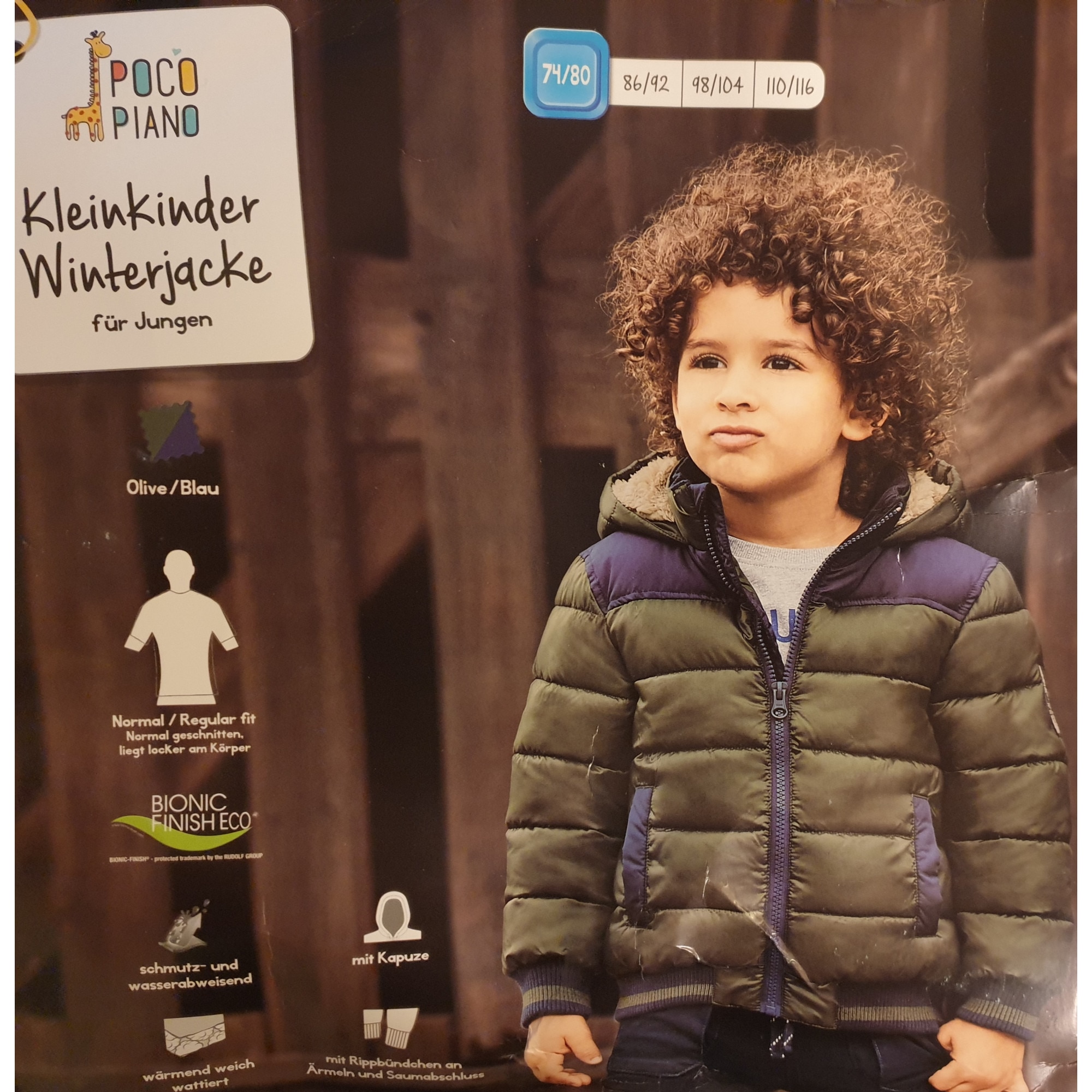 Geaca cu gluga blana iarna copii, baieti, 86/92, olive, material