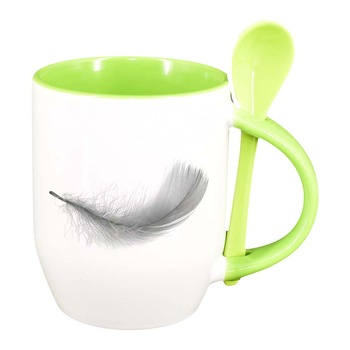 Cana Feather cu lingurita, interior verde deschis, 330ml, D231 Cana Feather cu lingurita, interior verde deschis, 330ml, D231