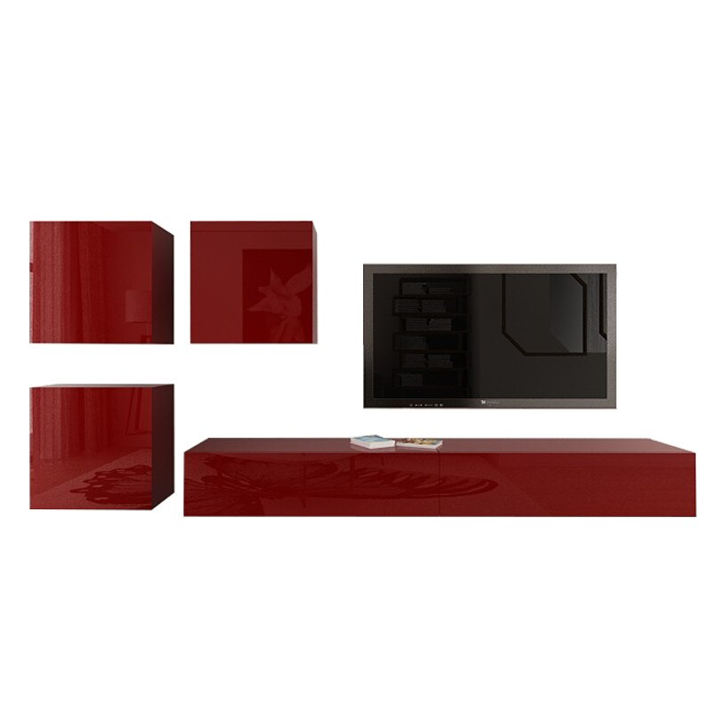 Set Mobila Living Modular Quadro 17 , MDF Lucios, BORDO, Dimensiune 310 cm