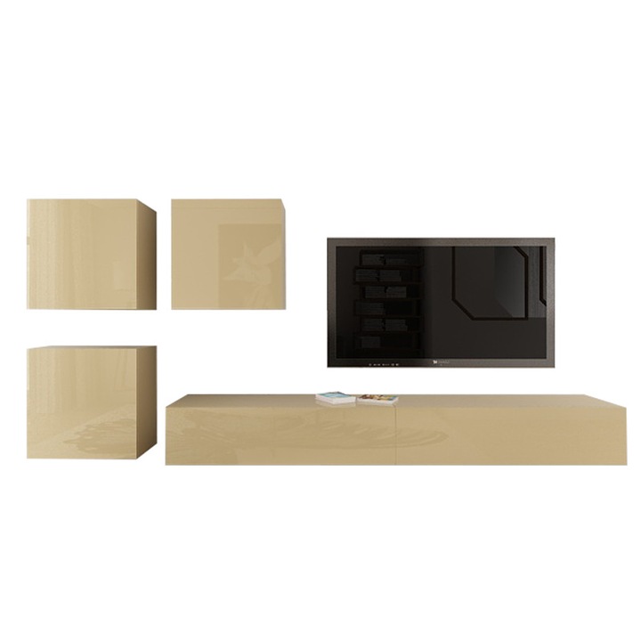 Set Mobila Living Modular Quadro 17 , MDF Lucios, CAPPUCCINO, Dimensiune 310 cm