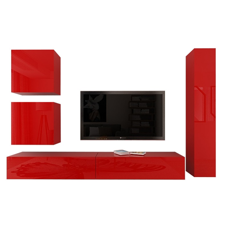 Set Mobila Living Modular Quadro 18 , MDF Lucios, ROSU, Dimensiune 280 cm
