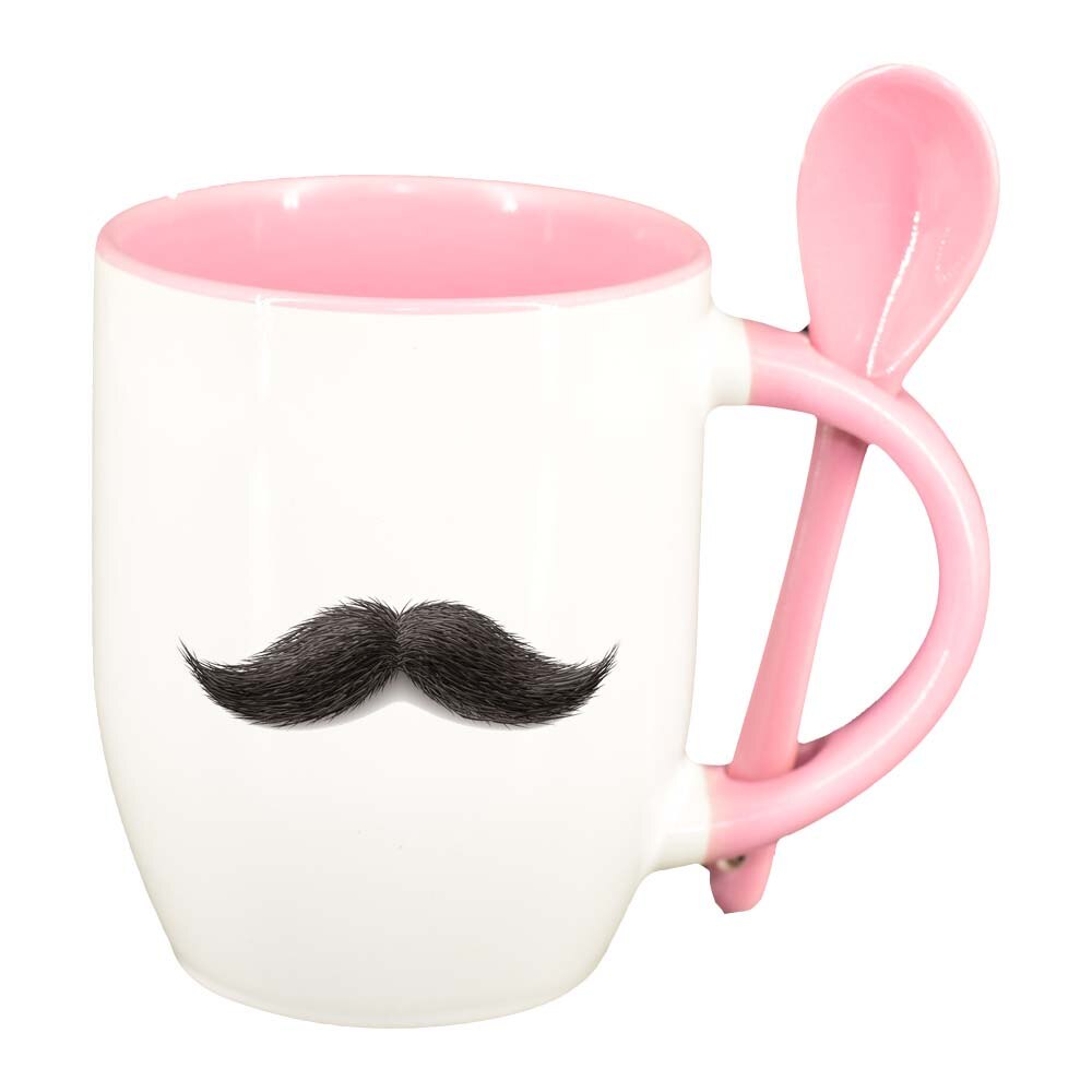 Cana Mustache cu lingurita, interior roz, 330ml, D234