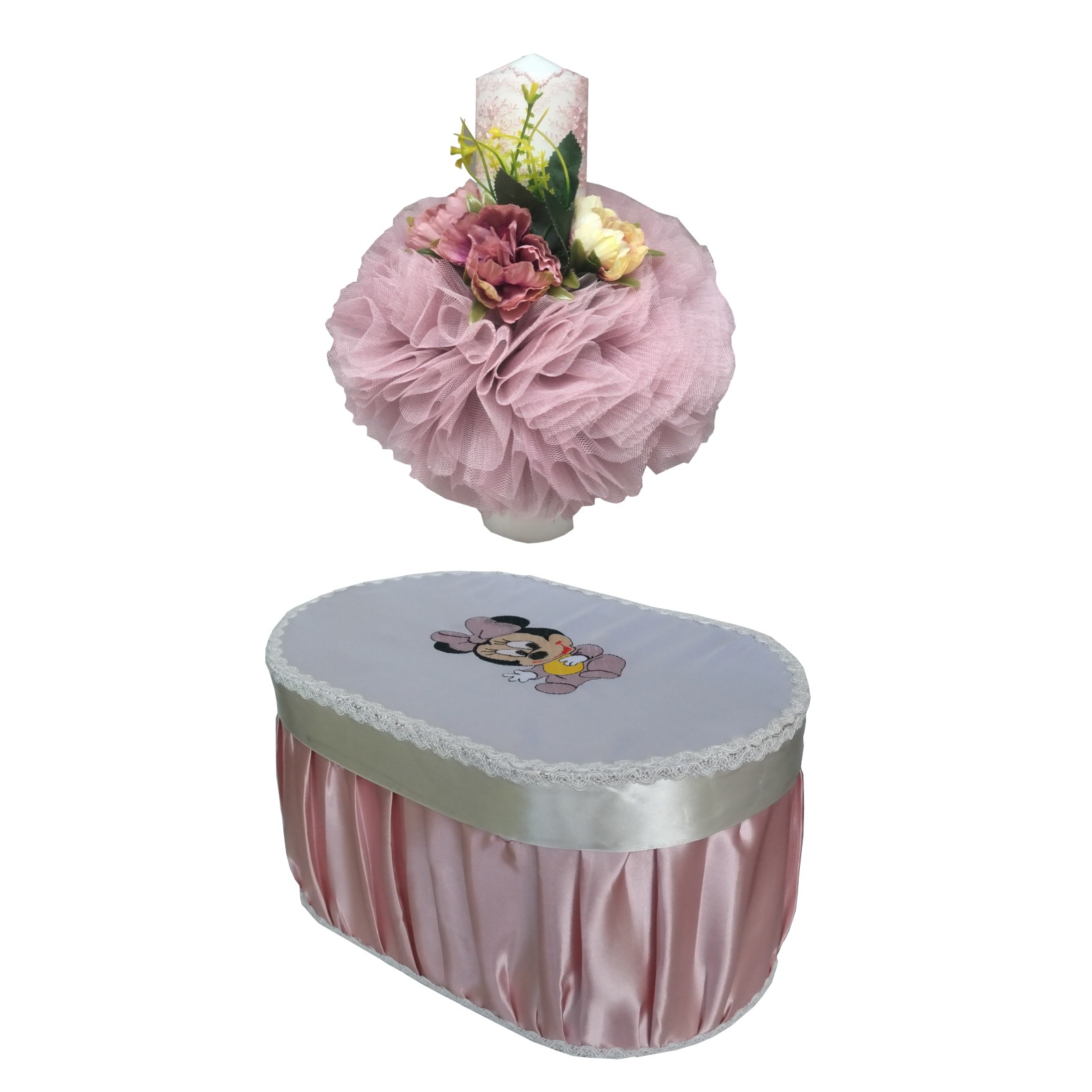 Set Botez doua piese ,Lumanare Botez si Cutie Trusou ,Roz