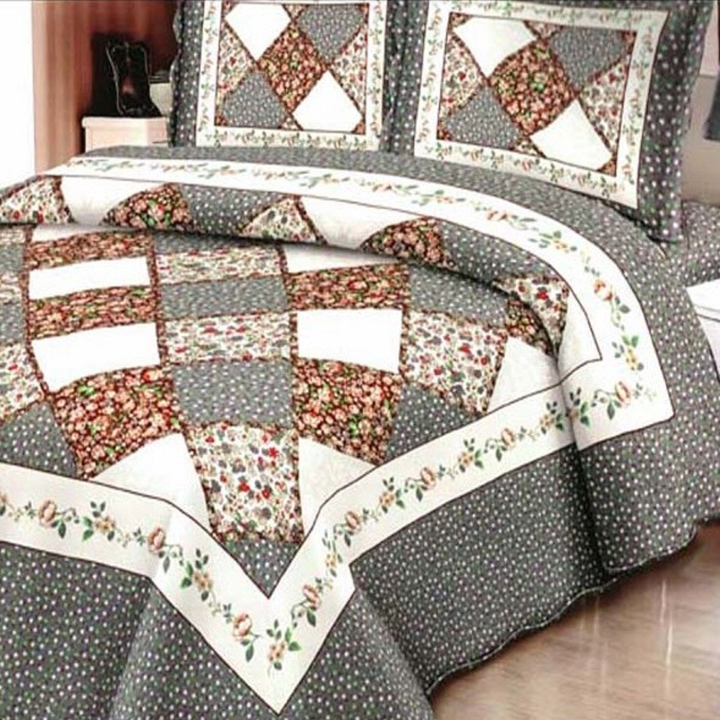 Cuvertura de pat matlasata pentru 2 persoane, 3 piese, bumbac, multicolor model JN934