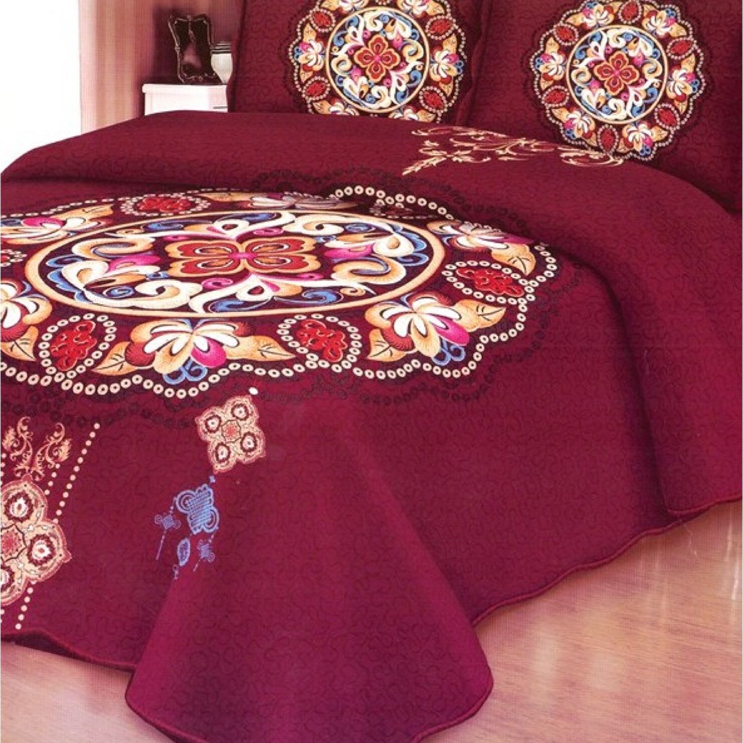 Cuvertura de pat matlasata pentru 2 persoane, 3 piese, bumbac, multicolor model JN937