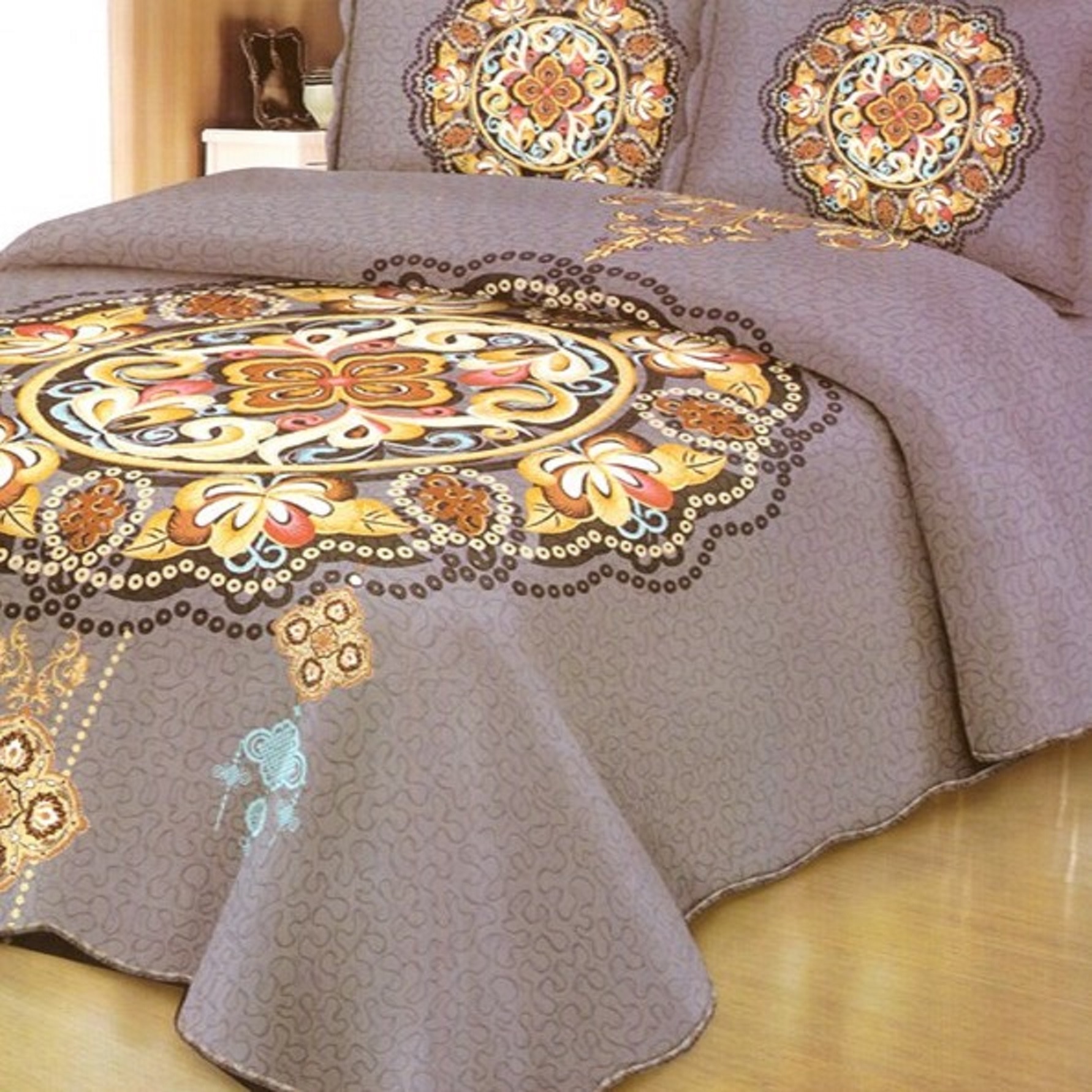 Cuvertura de pat matlasata pentru 2 persoane, 3 piese, bumbac, multicolor model Vika943