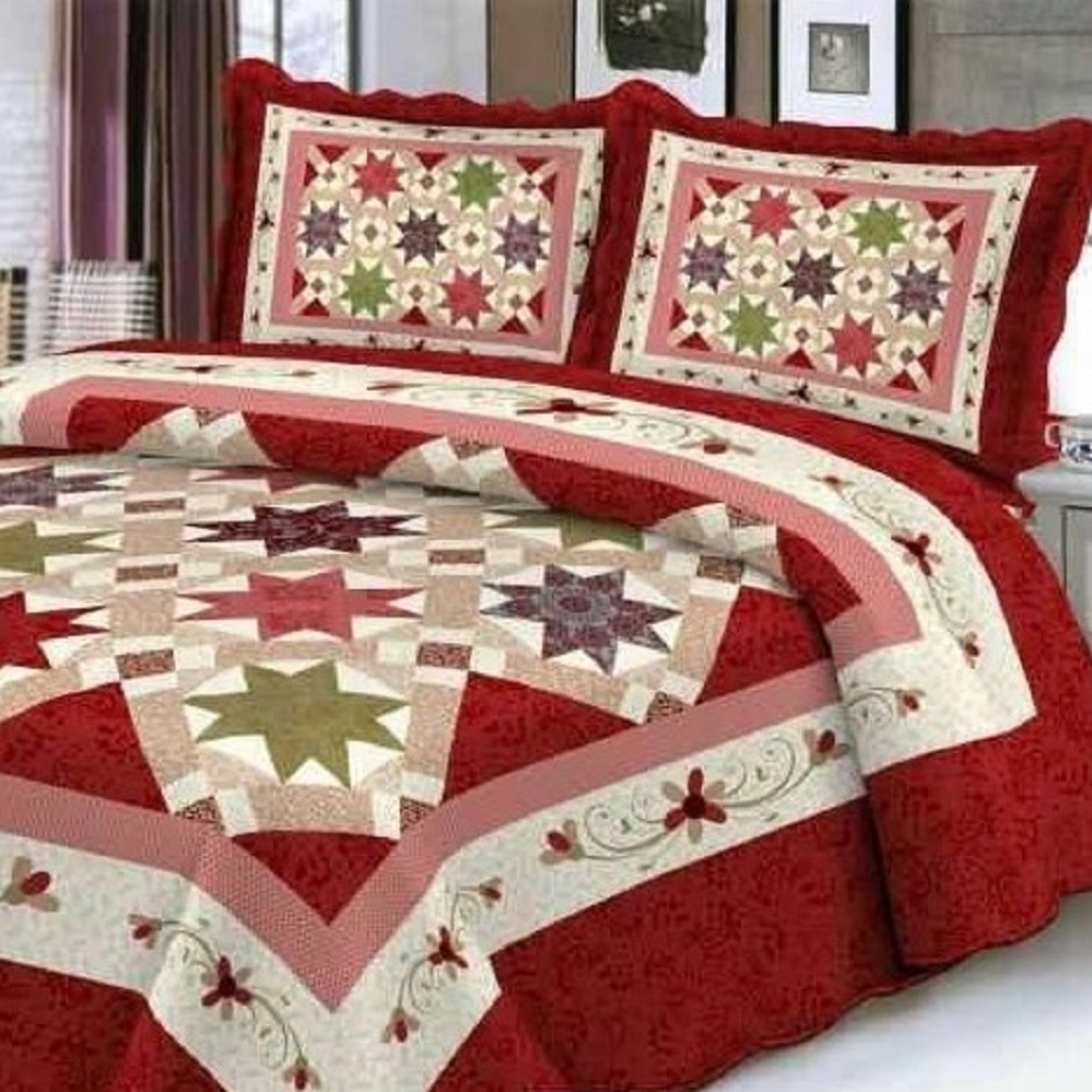 Cuvertura de pat matlasata pentru 2 persoane, 3 piese, bumbac, multicolor model Vika942