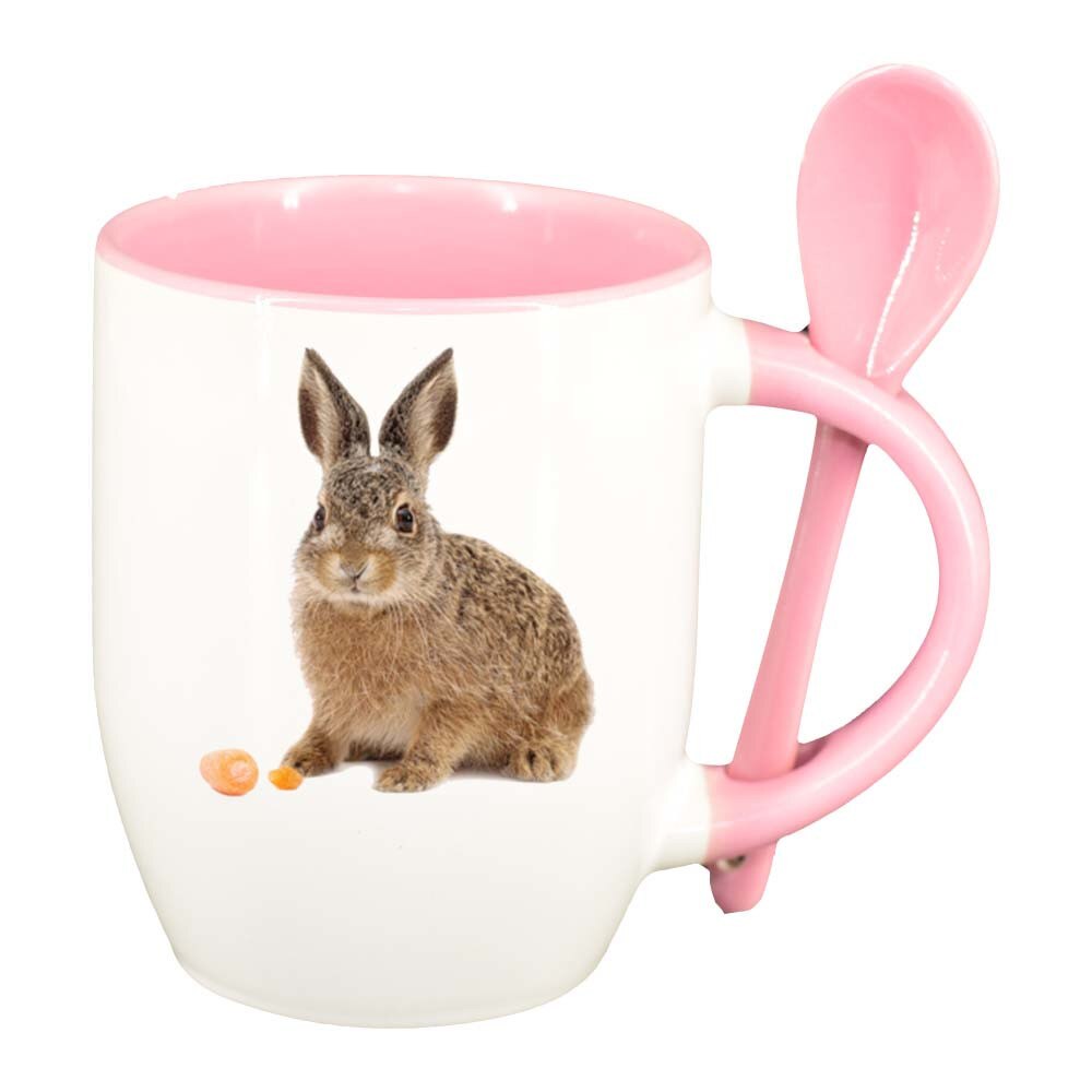 Cana Bunny cu lingurita, interior roz, 330ml, D259