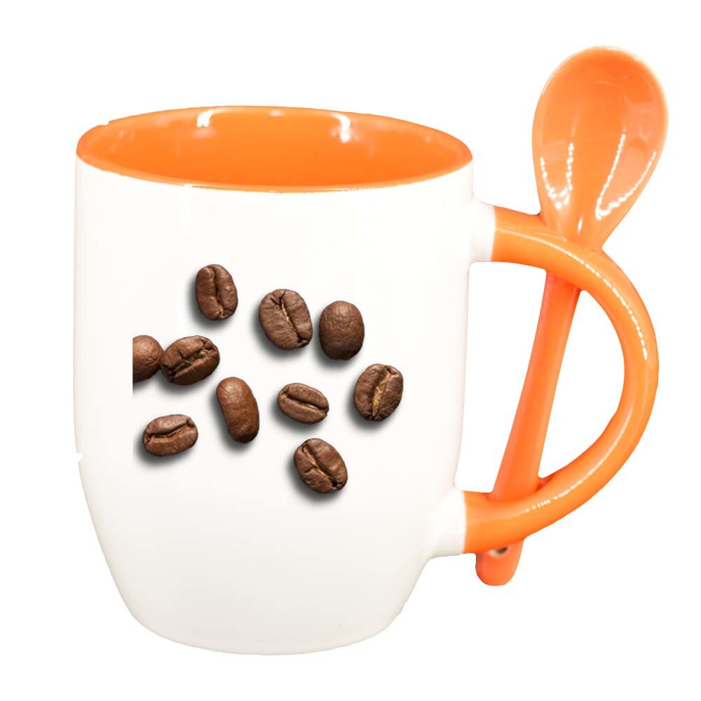 Cana Caffee Beans cu lingurita, interior portocaliu, 330ml, D270