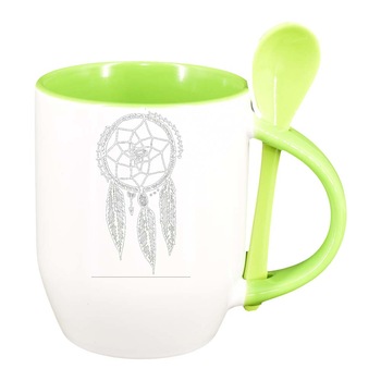 Cana Dream Catcher cu lingurita, interior verde deschis, 330ml, D261 Cana Dream Catcher cu lingurita, interior verde deschis, 330ml, D261