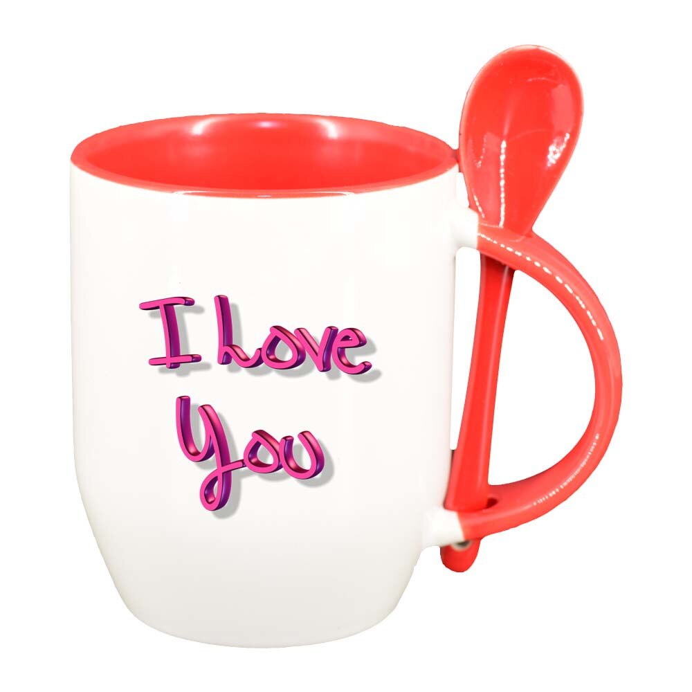Cana I Love You cu lingurita, interior rosu, 330ml, D276