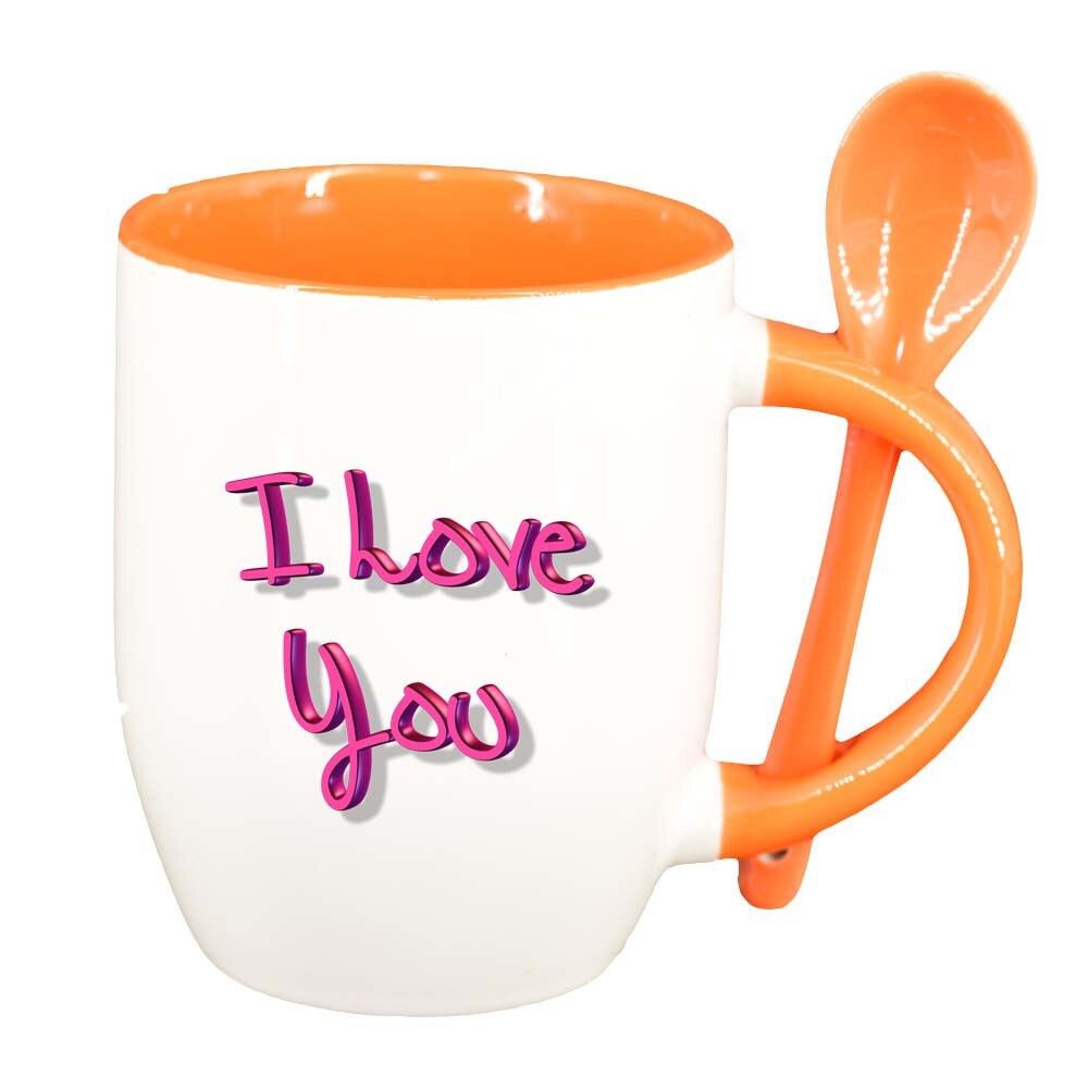Cana I Love You cu lingurita, interior portocaliu, 330ml, D276