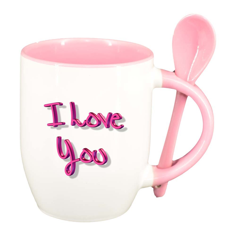 Cana I Love You cu lingurita, interior roz, 330ml, D276