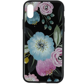 Husa de protectie Just Must Glass Diamond Print pentru Apple iPhone XS, Black Flowers