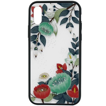 Husa de protectie Just Must Glass Diamond Print pentru Apple iPhone XS, Green Flowers