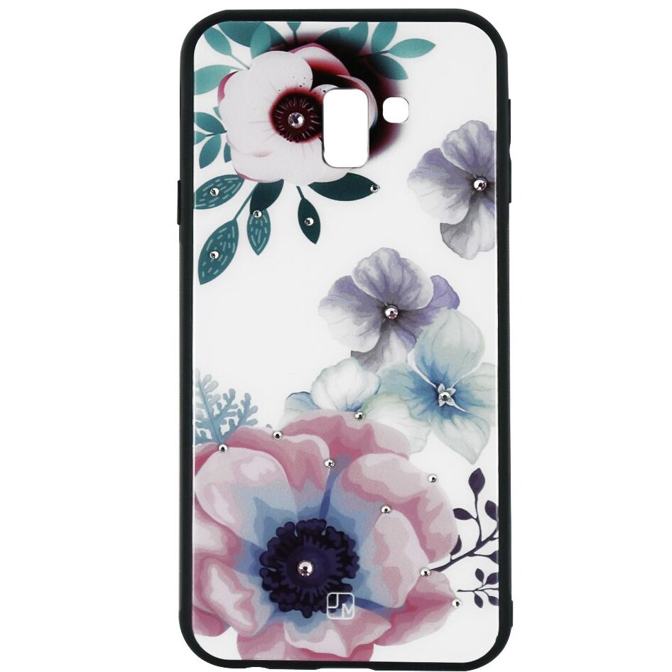 Husa de protectie Just Must Glass Diamond Print pentru Samsung Galaxy J6 Plus, White Flowers