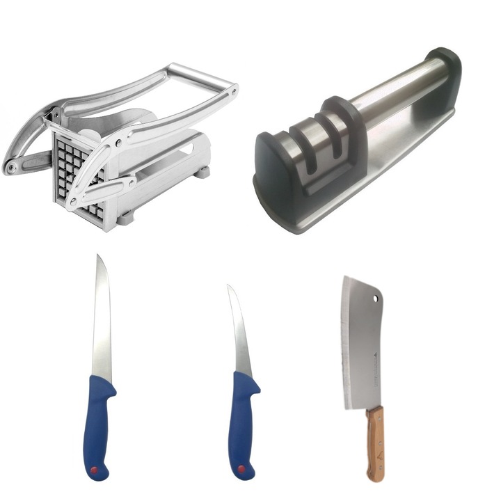 Pachet format din Aparat pentru feliat cartofi SVT otel inoxidabil, 2 cutite profesionale pentru macelarie, Satar si Aparat pentru ascutit 2 nivele