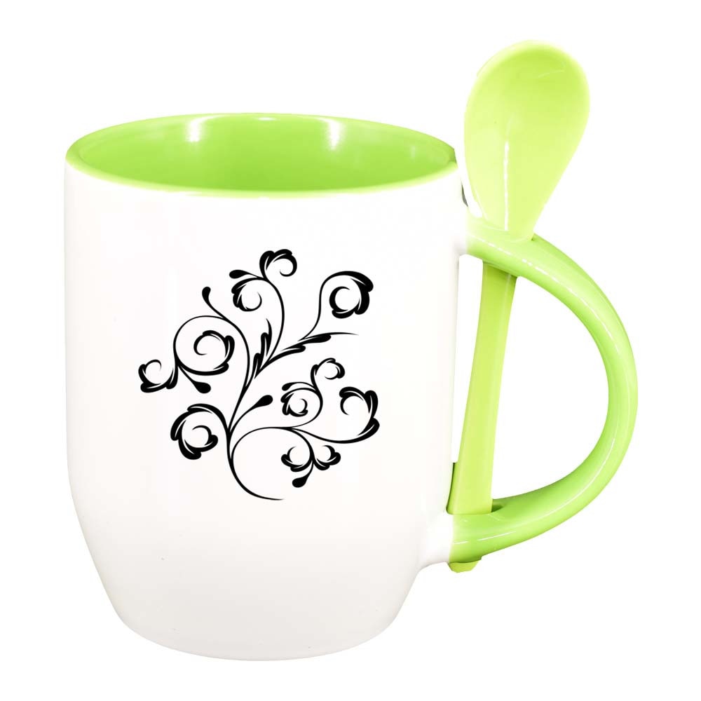 Cana Model Floral cu lingurita, interior verde deschis, 330ml, D281