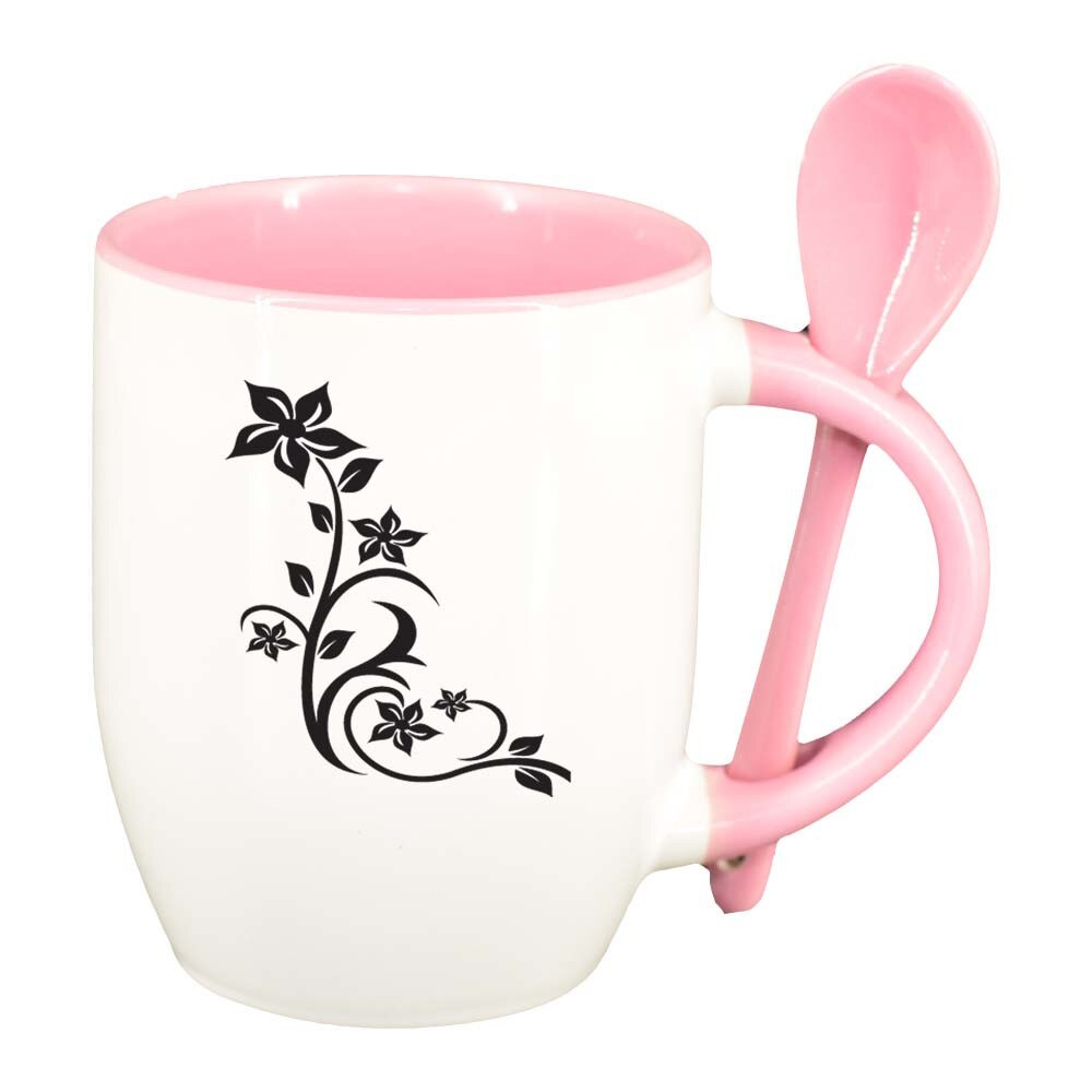 Cana Model Floral cu lingurita, interior roz, 330ml, D279