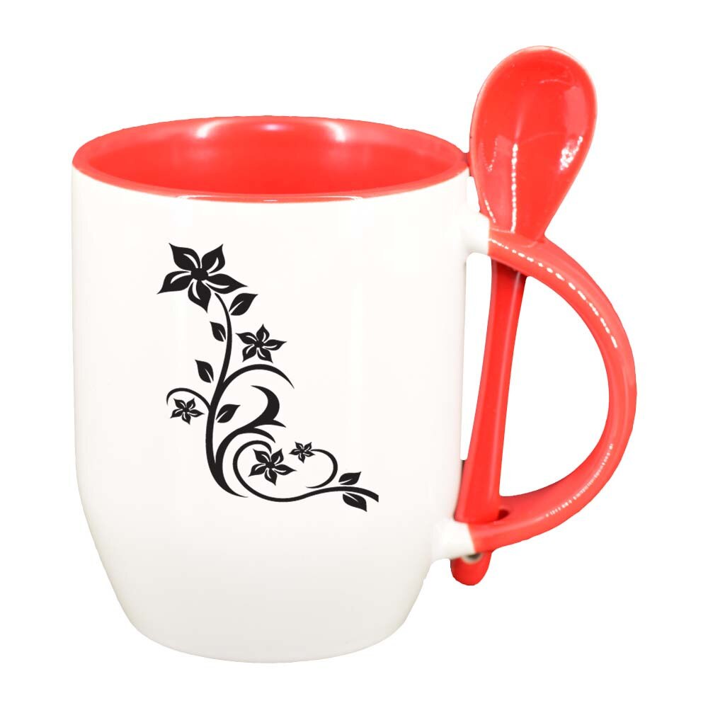 Cana Model Floral cu lingurita, interior rosu, 330ml, D279
