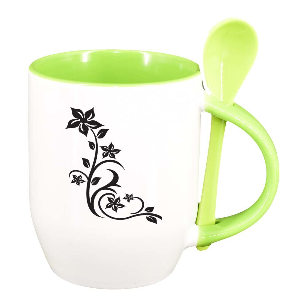 Cana Model Floral cu lingurita, interior verde deschis, 330ml, D279