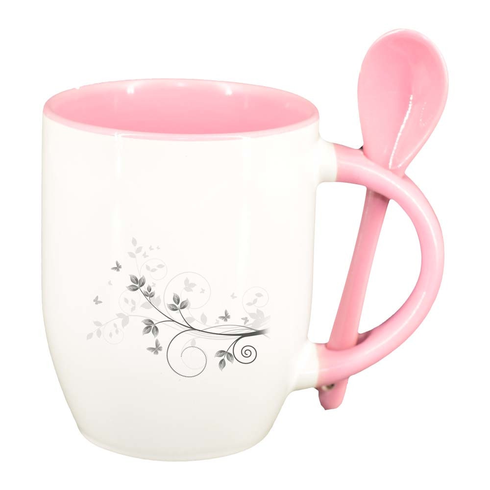 Cana Model Floral cu lingurita, interior roz, 330ml, D280