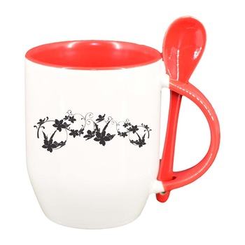 Cana Model Floral cu lingurita, interior rosu, 330ml, D282 Cana Model Floral cu lingurita, interior rosu, 330ml, D282