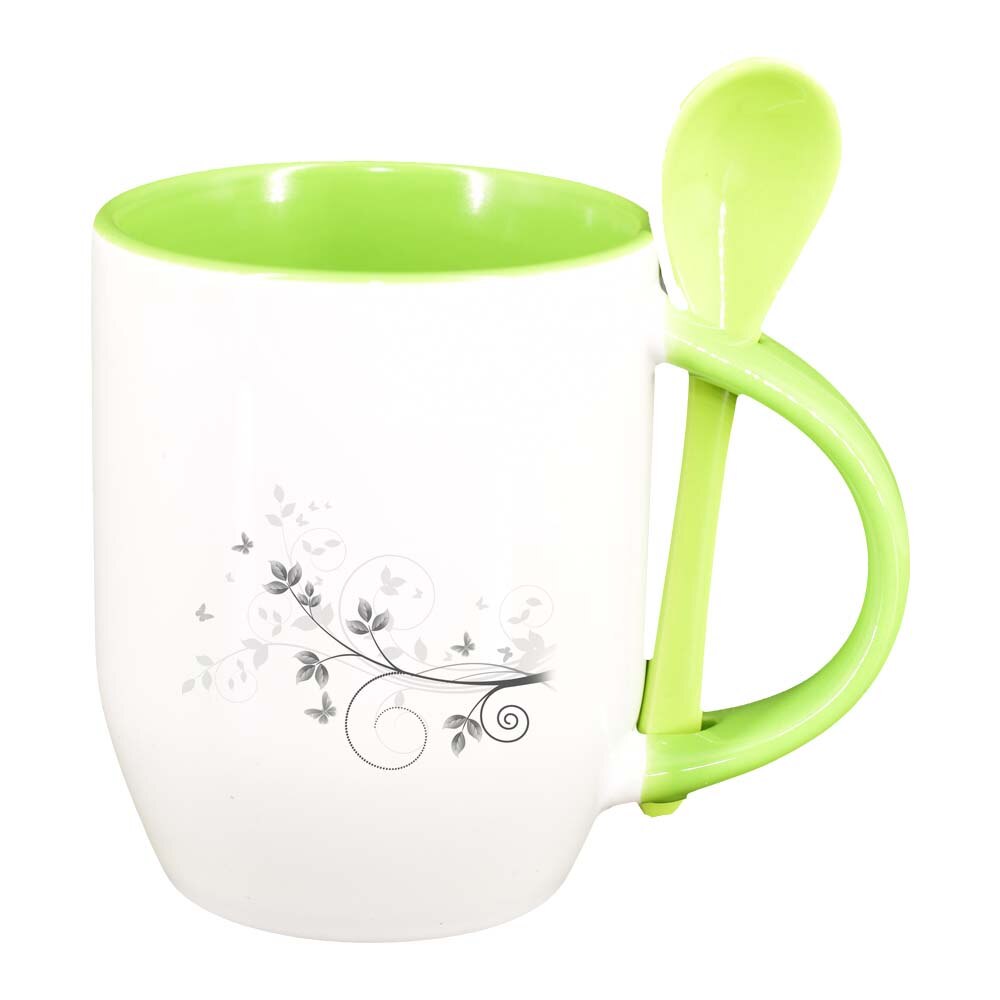 Cana Model Floral cu lingurita, interior verde deschis, 330ml, D280
