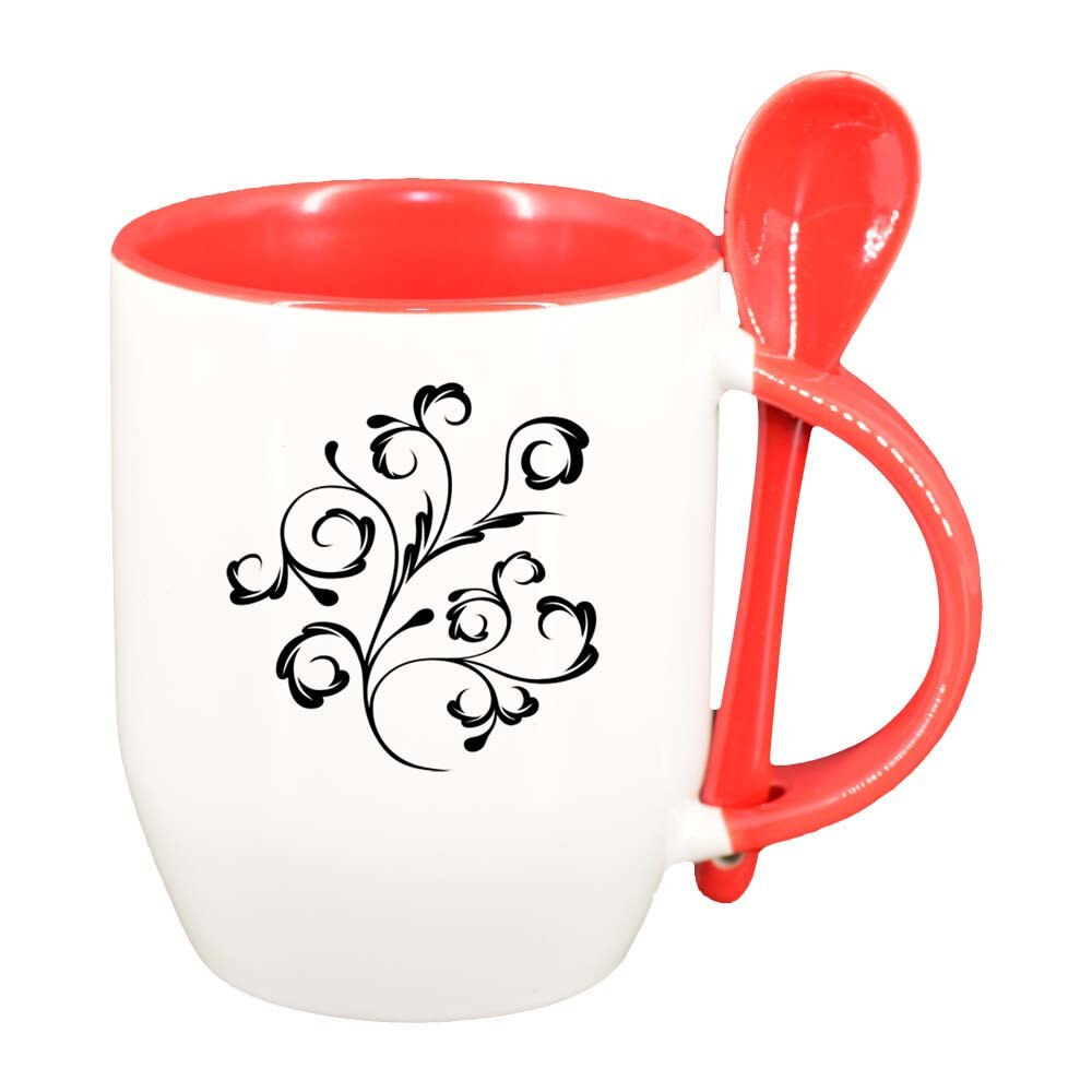 Cana Model Floral cu lingurita, interior rosu, 330ml, D281