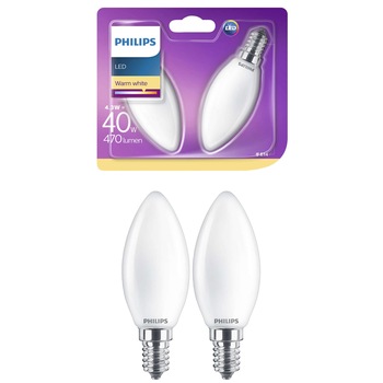 Set 2 becuri LED Philips, lumanare, E14, 4.3W (40W), 470 lm, A++, lumina alba calda Set 2 becuri LED Philips, lumanare, E14, 4.3W (40W), 470 lm, A++, lumina alba calda