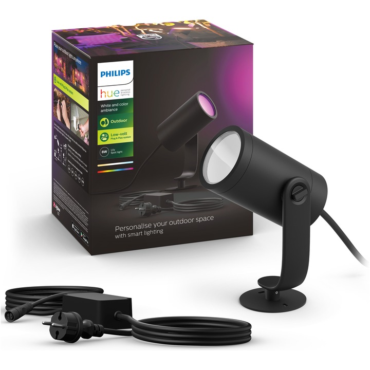 Proiector LED RGB exterior Philips HUE Lily, unitate de baza, 8W, 640 lm, IP65, aluminiu, lumina ambientala alba si color, clasa energetica G
