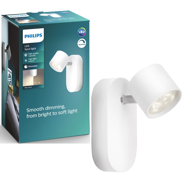 Spot LED luminos Philips myLiving Star, 3W (35W), 170 lm, lumina alba calda, aluminiu, Alb, clasa energetica F