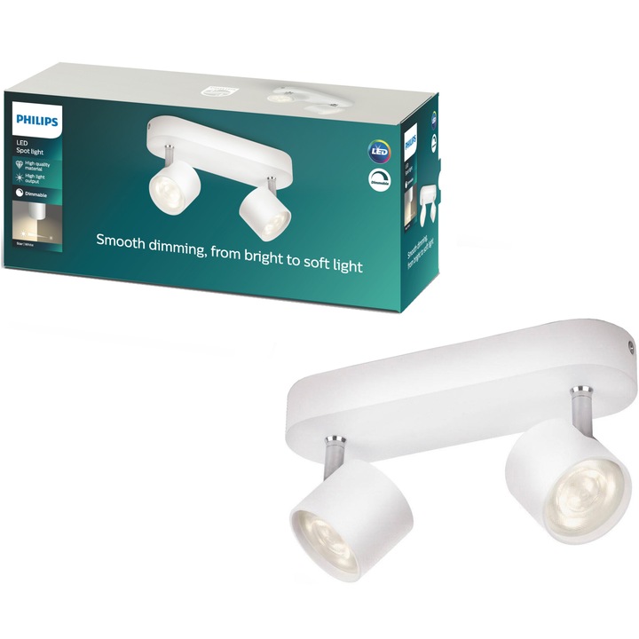 Bara cu 2 spoturi LED Philips myLiving Star, 3W (35W), 330 lm, lumina alaba calda, aluminiu, Alb, clasa energetica F