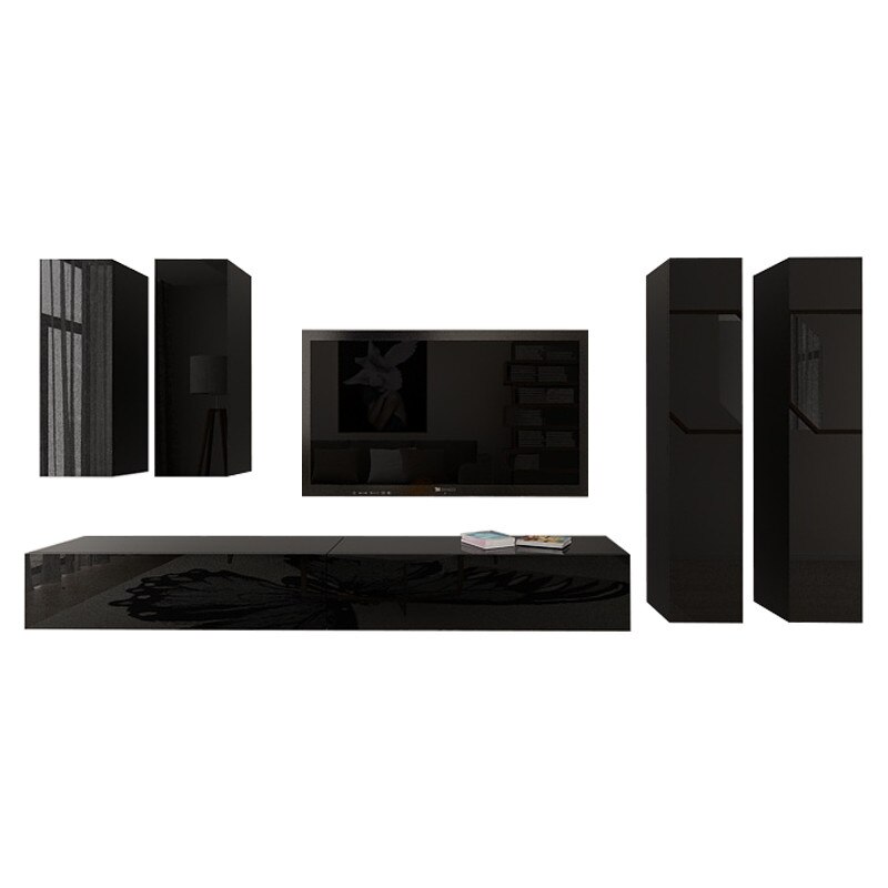 Set Mobila Living Modular Quadro 19 , MDF Lucios, NEGRU, Dimensiune 320 cm