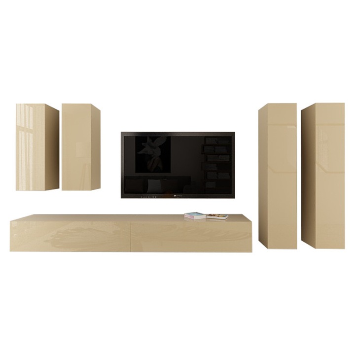 Set Mobila Living Modular Quadro 19 , MDF Lucios, CAPPUCCINO, Dimensiune 320 cm