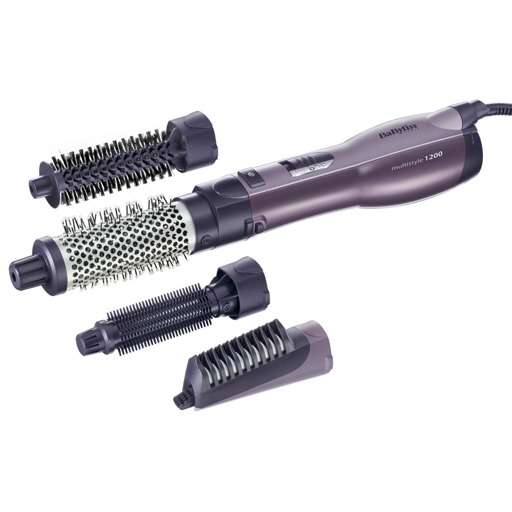 Perie cu aer cald BaByliss AirStyler AS120E, 1200W, Ionizare, 4 Accesorii, 3 Setari temperatura/ viteza, Mov