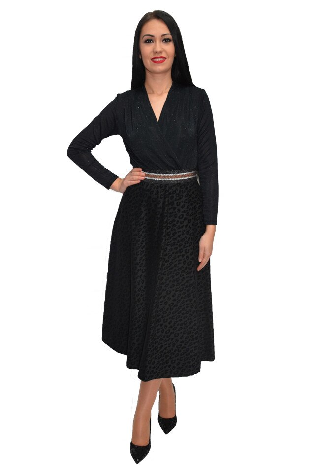 Fusta moderna din catifea cu imprimeu animal print, D&J Exclusive, Negru