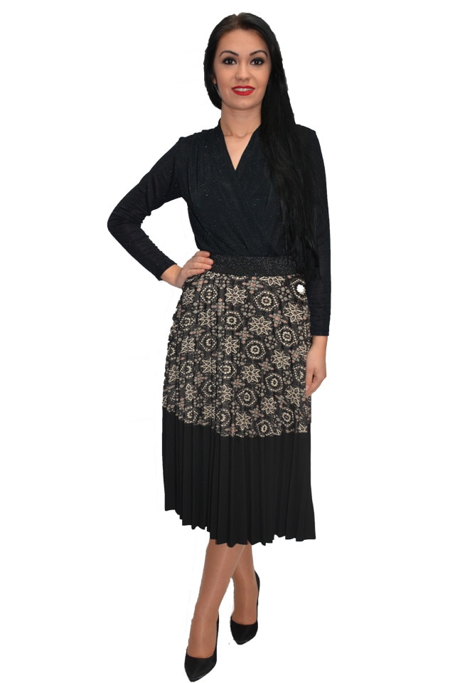 Fusta casual cu imprimeu vintaje, D&j Exclusive, Negru-Alb