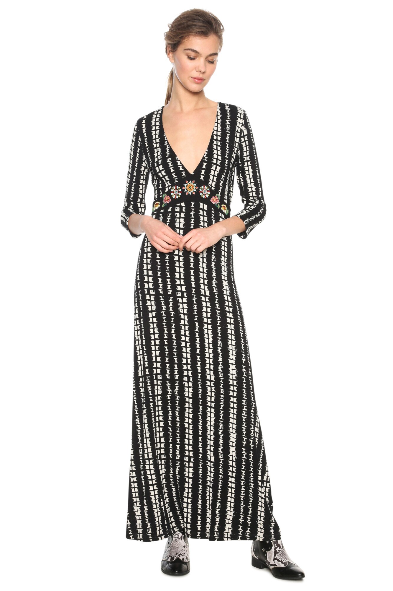 Rochie maxi dama, Desigual, cu imprimeu abstract, July, Alb/Negru