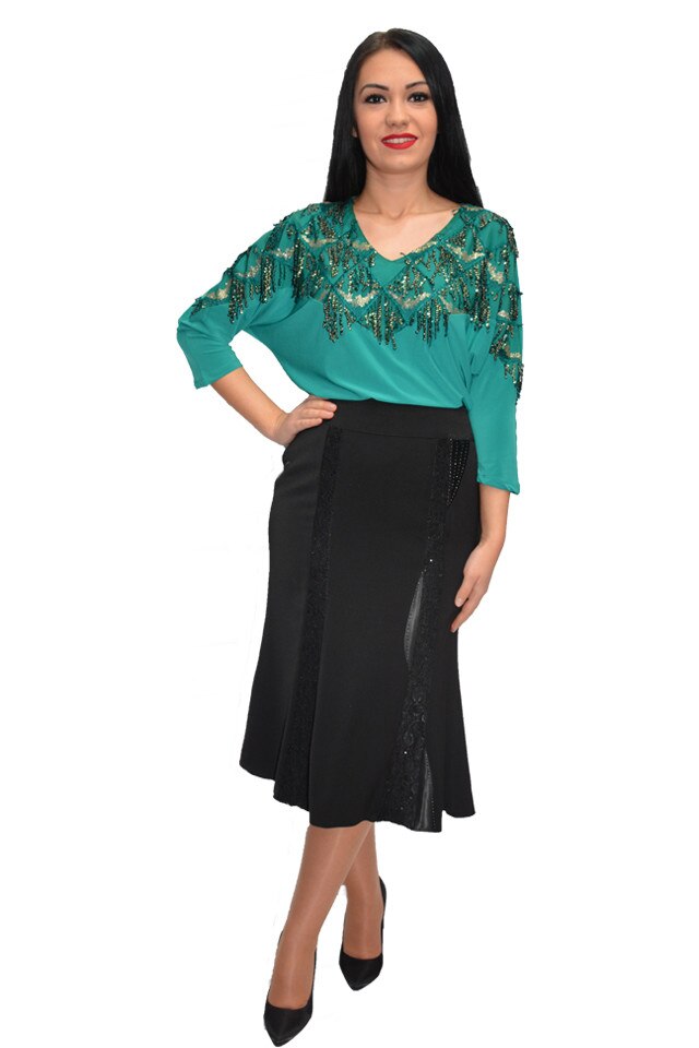 Fusta moderna cu insertii de dantela si saten, D&J Exclusive, Negru