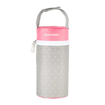 Izolator din material moale pentru biberoane, Canpol babies®, imprimat buline, gri/roz 500 ml Izolator din material moale pentru biberoane, Canpol babies®, imprimat buline, gri/roz 500 ml