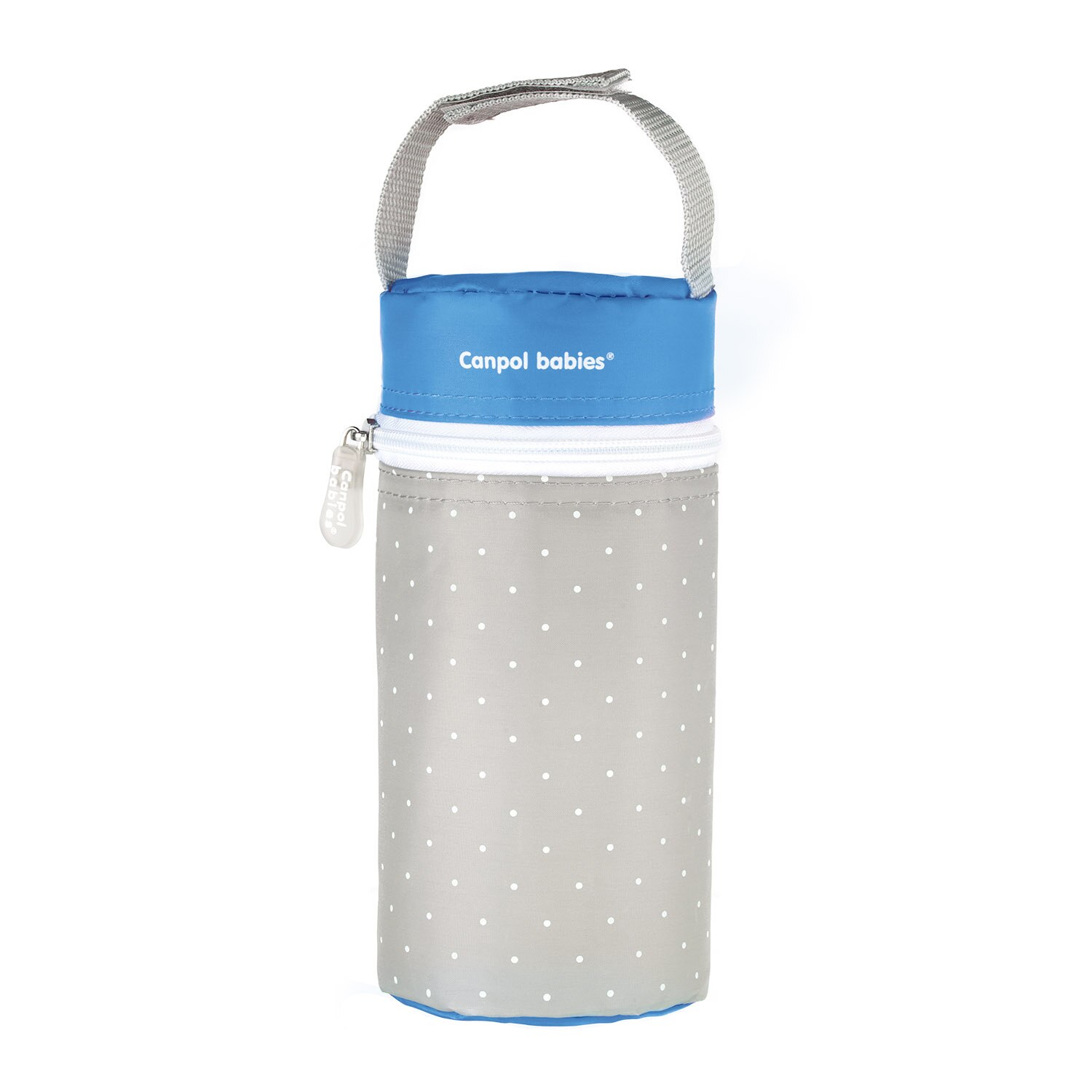 Izolator din material moale pentru biberoane, Canpol babies®, imprimat buline, gri/albastru 500 ml