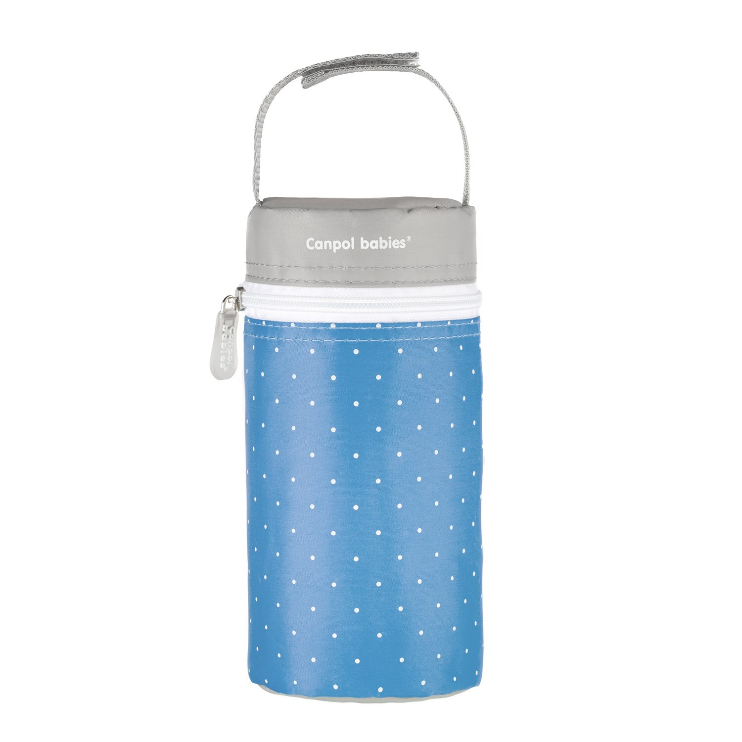 Izolator din material moale pentru biberoane, Canpol babies®, imprimat buline, albastru/gri 500 ml